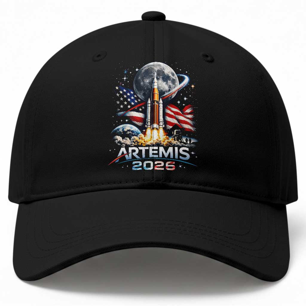 Patriotic 2026 Lunar Orbit Mission Rocket Launch Baseball Cap American Flag n Moon Patriotic Space Astronomy Enthusiasts