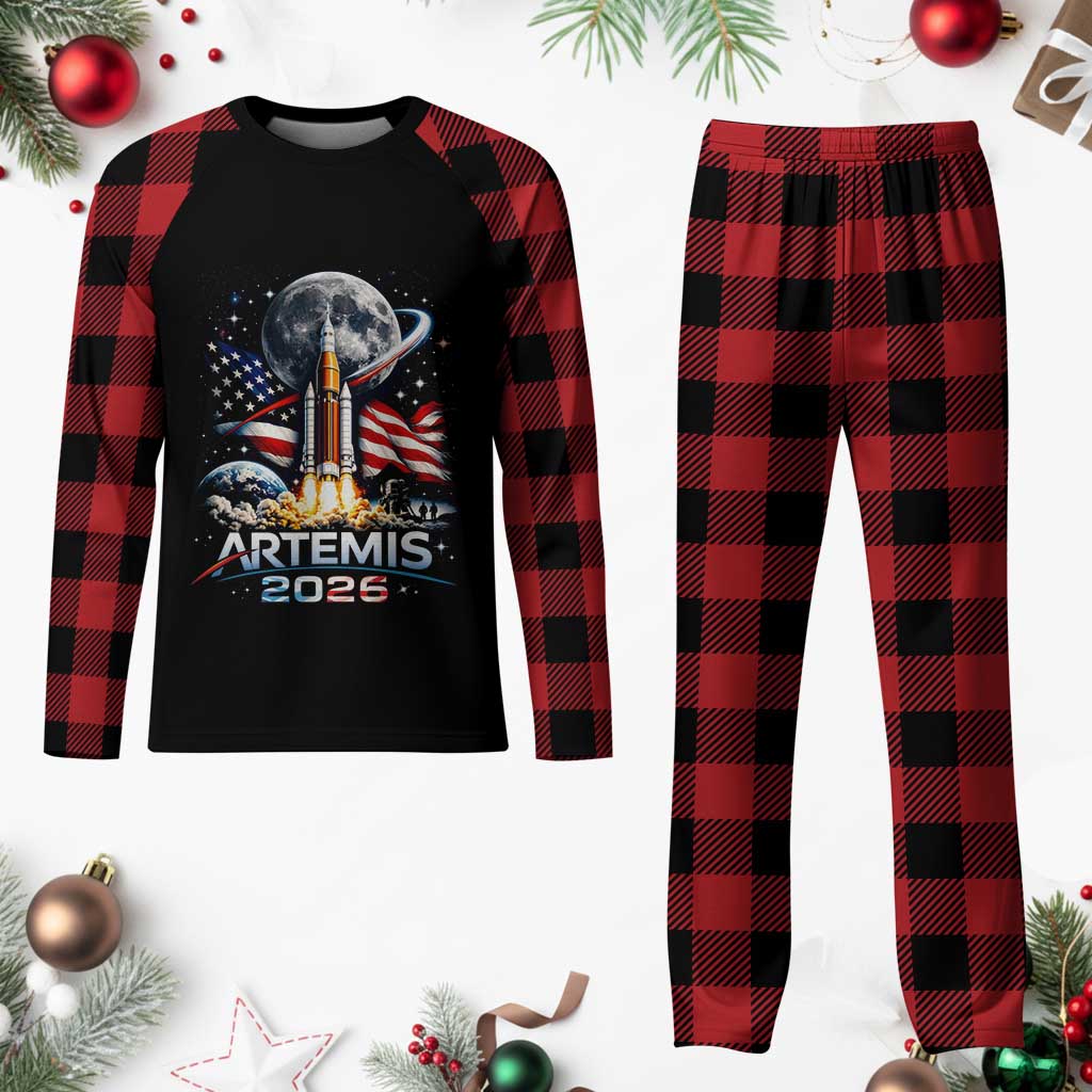 Patriotic 2026 Lunar Orbit Mission Rocket Launch Plaid Pajama Set American Flag n Moon Patriotic Space Astronomy Enthusiasts TS02