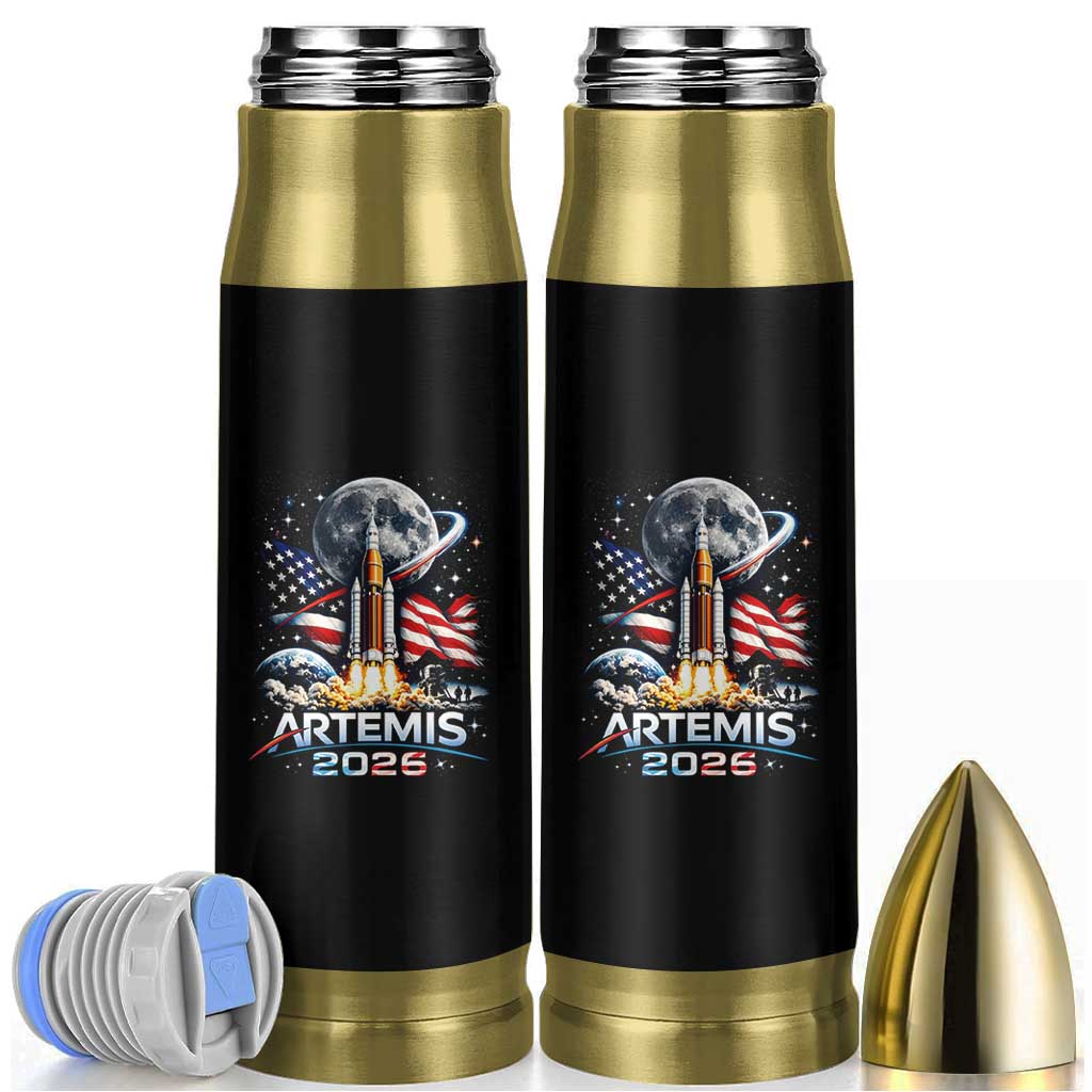 Patriotic 2026 Lunar Orbit Mission Rocket Launch Bullet Tumbler American Flag n Moon Patriotic Space Astronomy Enthusiasts