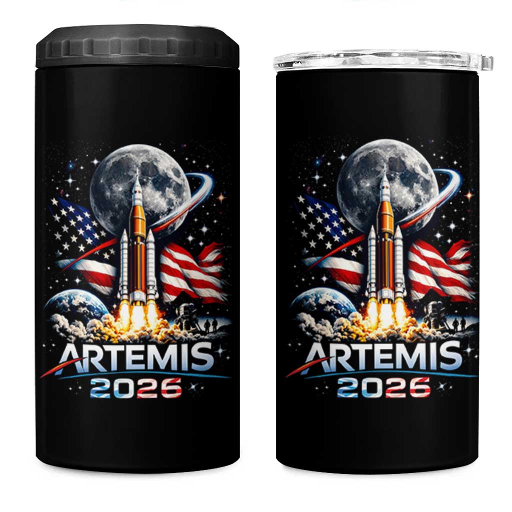 Patriotic 2026 Lunar Orbit Mission Rocket Launch 4 in 1 Can Cooler Tumbler American Flag n Moon Patriotic Space Astronomy Enthusiasts