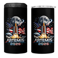 Patriotic 2026 Lunar Orbit Mission Rocket Launch 4 in 1 Can Cooler Tumbler American Flag n Moon Patriotic Space Astronomy Enthusiasts