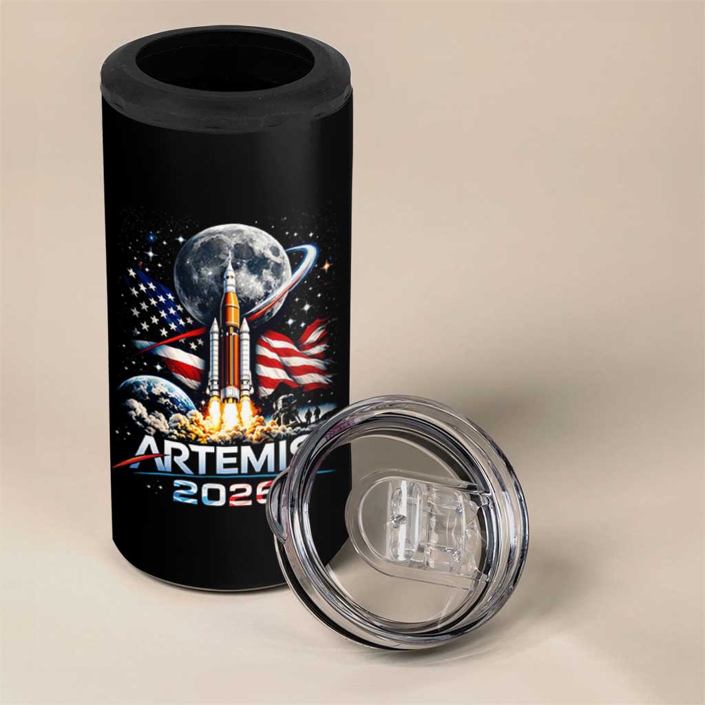Patriotic 2026 Lunar Orbit Mission Rocket Launch 4 in 1 Can Cooler Tumbler American Flag n Moon Patriotic Space Astronomy Enthusiasts