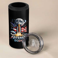 Patriotic 2026 Lunar Orbit Mission Rocket Launch 4 in 1 Can Cooler Tumbler American Flag n Moon Patriotic Space Astronomy Enthusiasts