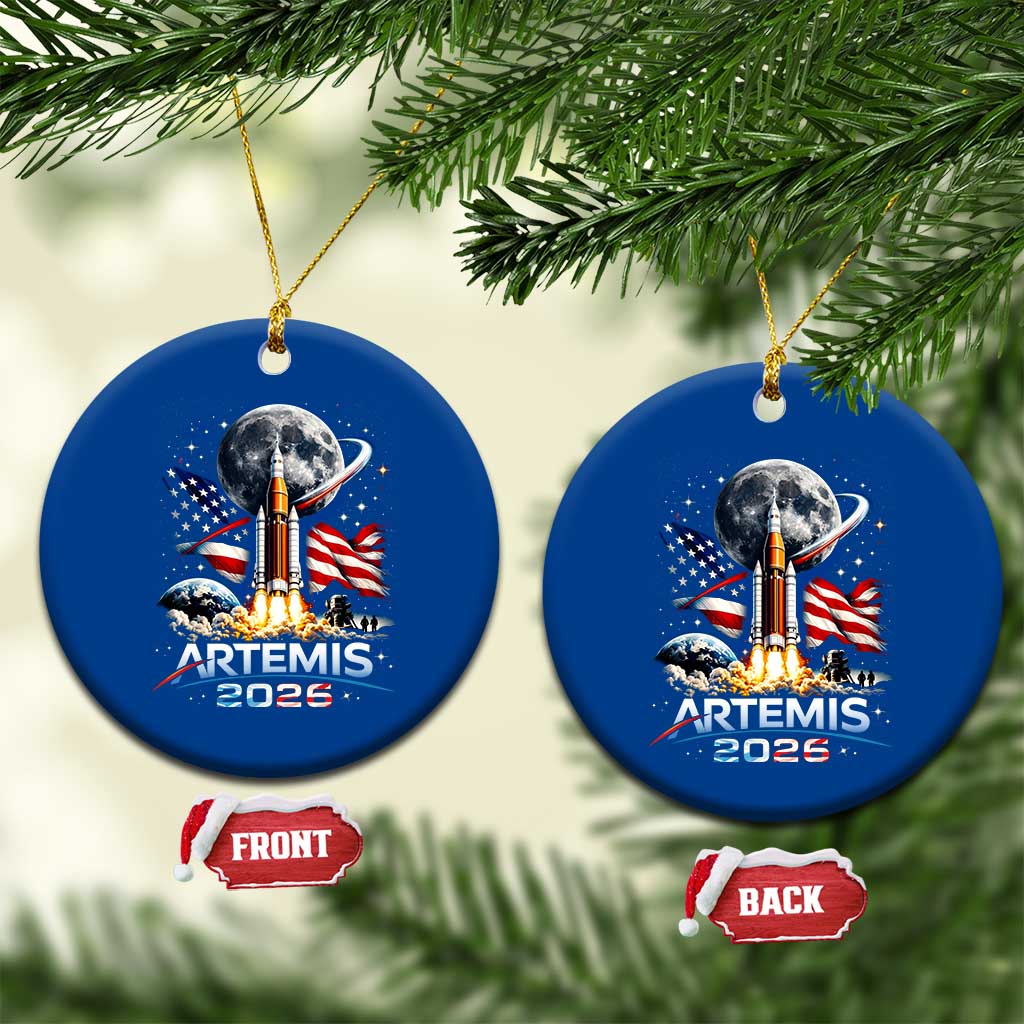 Patriotic 2026 Lunar Orbit Mission Rocket Launch Ceramic Ornament American Flag n Moon Patriotic Space Astronomy Enthusiasts TS02