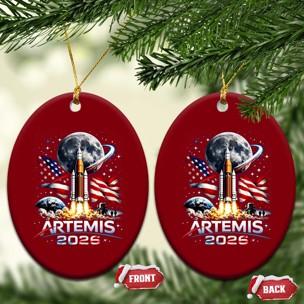 Patriotic 2026 Lunar Orbit Mission Rocket Launch Ceramic Ornament American Flag n Moon Patriotic Space Astronomy Enthusiasts TS02