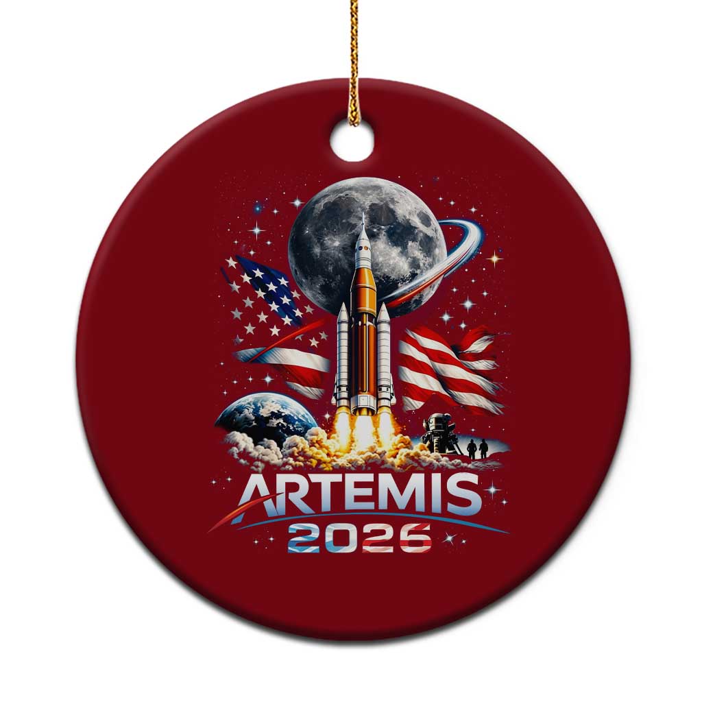 Patriotic 2026 Lunar Orbit Mission Rocket Launch Ceramic Ornament American Flag n Moon Patriotic Space Astronomy Enthusiasts TS02