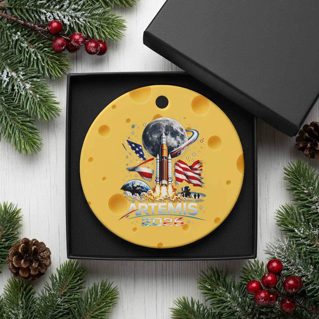 Patriotic 2026 Lunar Orbit Mission Rocket Launch Ceramic Ornament American Flag n Moon Patriotic Space Astronomy Enthusiasts TS02