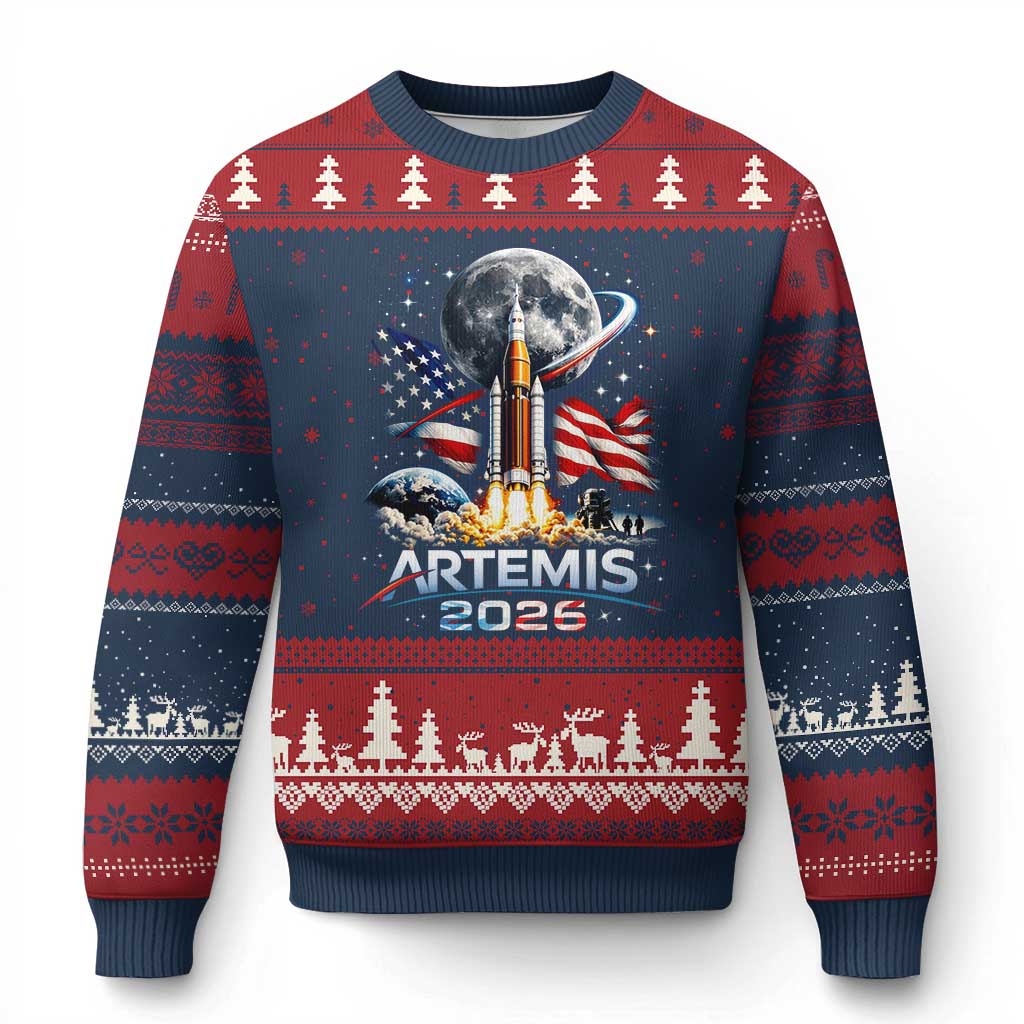 Patriotic 2026 Lunar Orbit Mission Rocket Launch Ugly Christmas Sweater American Flag n Moon Patriotic Space Astronomy Enthusiasts TS02