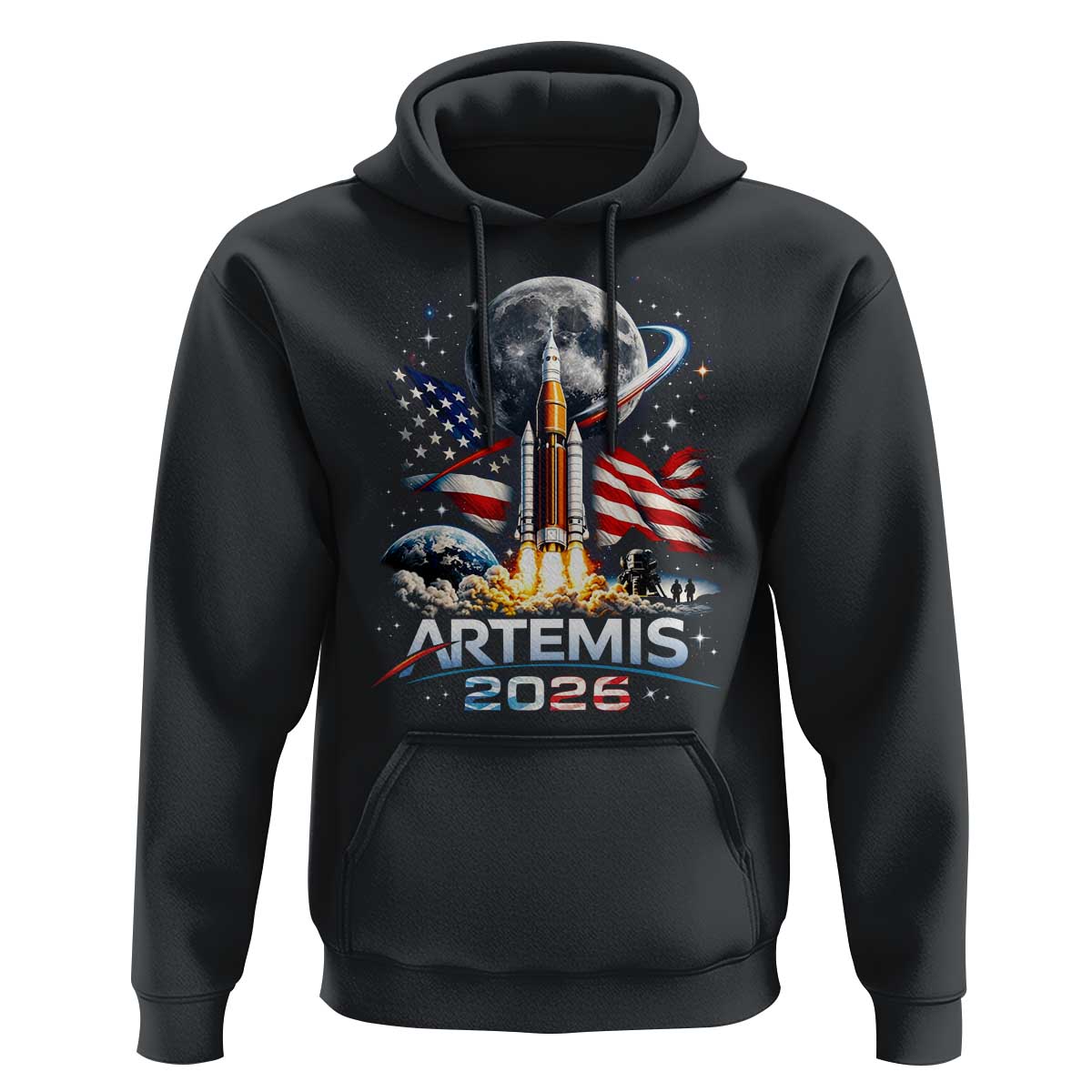 Patriotic 2026 Lunar Orbit Mission Rocket Launch Hoodie American Flag n Moon Patriotic Space Astronomy Enthusiasts TS02