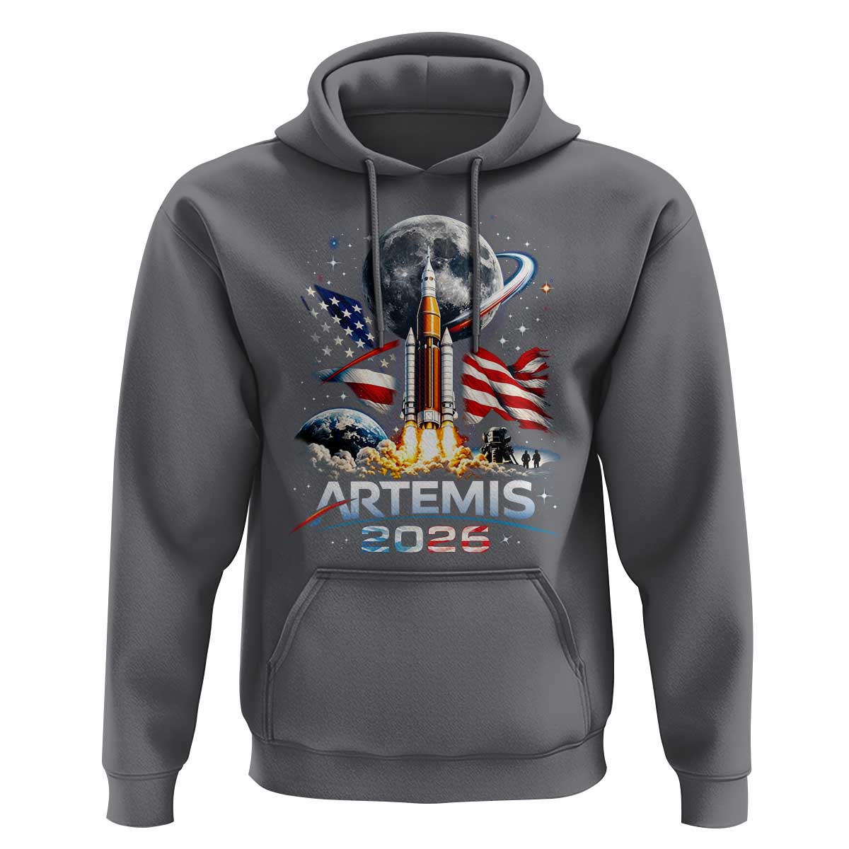 Patriotic 2026 Lunar Orbit Mission Rocket Launch Hoodie American Flag n Moon Patriotic Space Astronomy Enthusiasts TS02