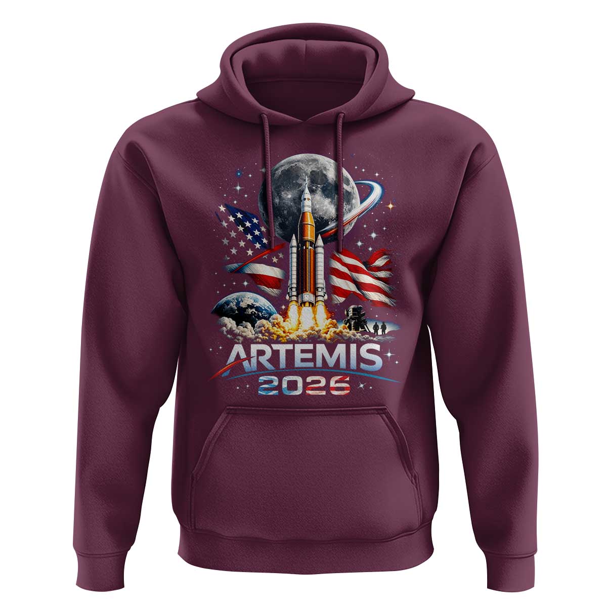 Patriotic 2026 Lunar Orbit Mission Rocket Launch Hoodie American Flag n Moon Patriotic Space Astronomy Enthusiasts TS02