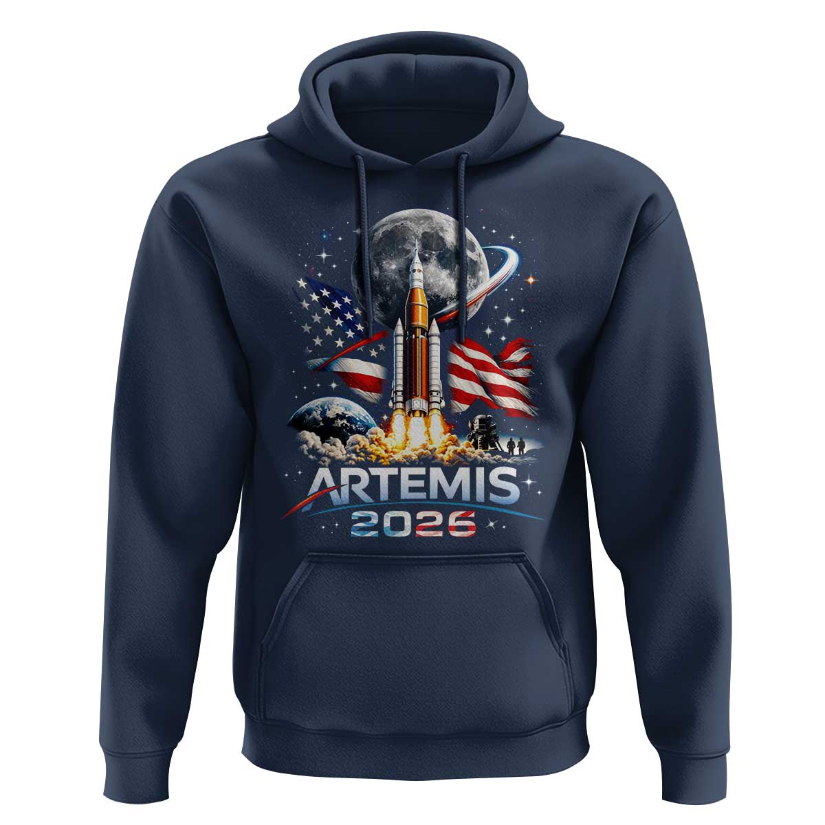 Patriotic 2026 Lunar Orbit Mission Rocket Launch Hoodie American Flag n Moon Patriotic Space Astronomy Enthusiasts TS02