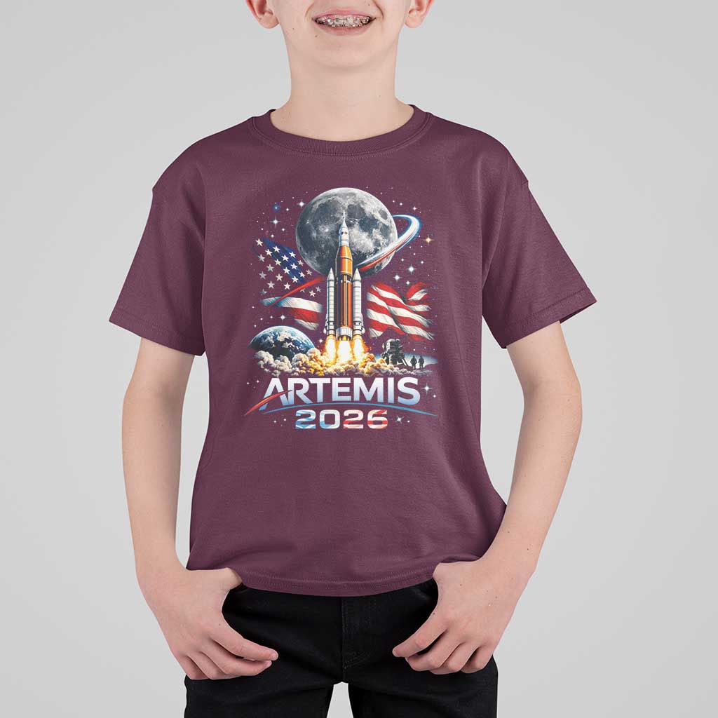 Patriotic 2026 Lunar Orbit Mission Rocket Launch T Shirt For Kid American Flag n Moon Patriotic Space Astronomy Enthusiasts TS02