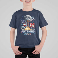 Patriotic 2026 Lunar Orbit Mission Rocket Launch T Shirt For Kid American Flag n Moon Patriotic Space Astronomy Enthusiasts TS02