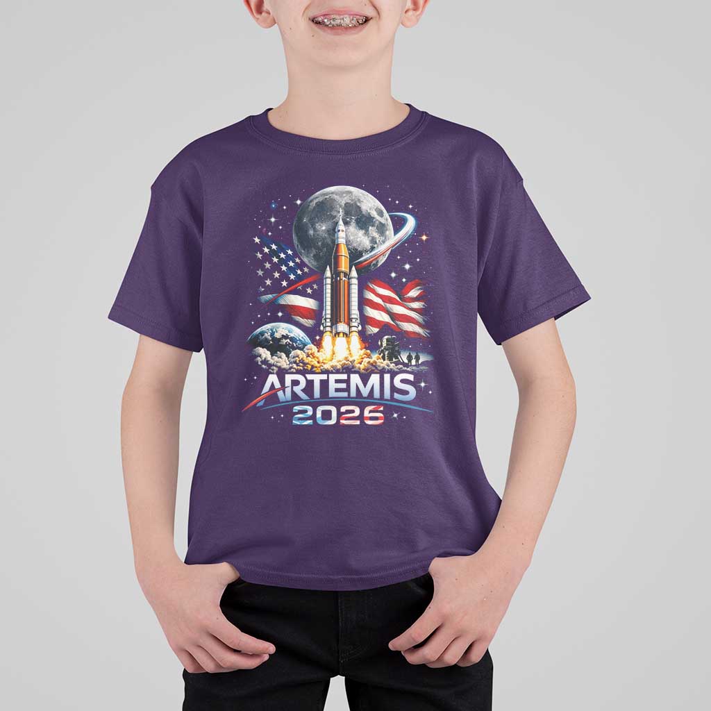 Patriotic 2026 Lunar Orbit Mission Rocket Launch T Shirt For Kid American Flag n Moon Patriotic Space Astronomy Enthusiasts TS02
