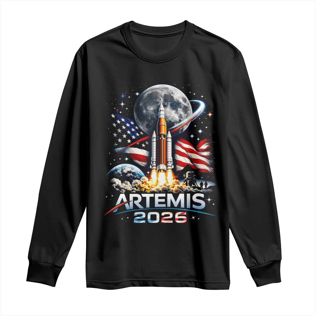 Patriotic 2026 Lunar Orbit Mission Rocket Launch Long Sleeve Shirt American Flag n Moon Patriotic Space Astronomy Enthusiasts TS02