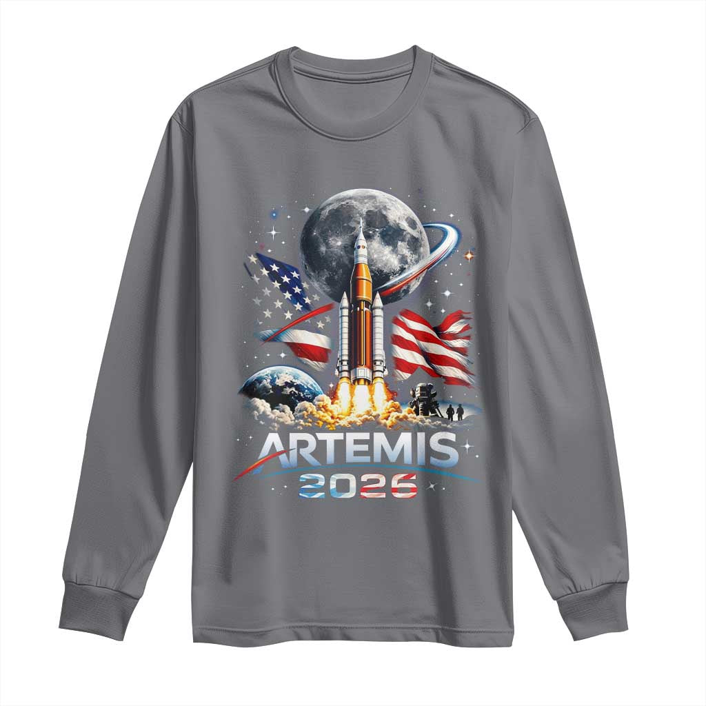 Patriotic 2026 Lunar Orbit Mission Rocket Launch Long Sleeve Shirt American Flag n Moon Patriotic Space Astronomy Enthusiasts TS02