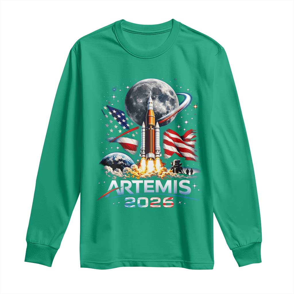 Patriotic 2026 Lunar Orbit Mission Rocket Launch Long Sleeve Shirt American Flag n Moon Patriotic Space Astronomy Enthusiasts TS02