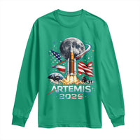 Patriotic 2026 Lunar Orbit Mission Rocket Launch Long Sleeve Shirt American Flag n Moon Patriotic Space Astronomy Enthusiasts TS02