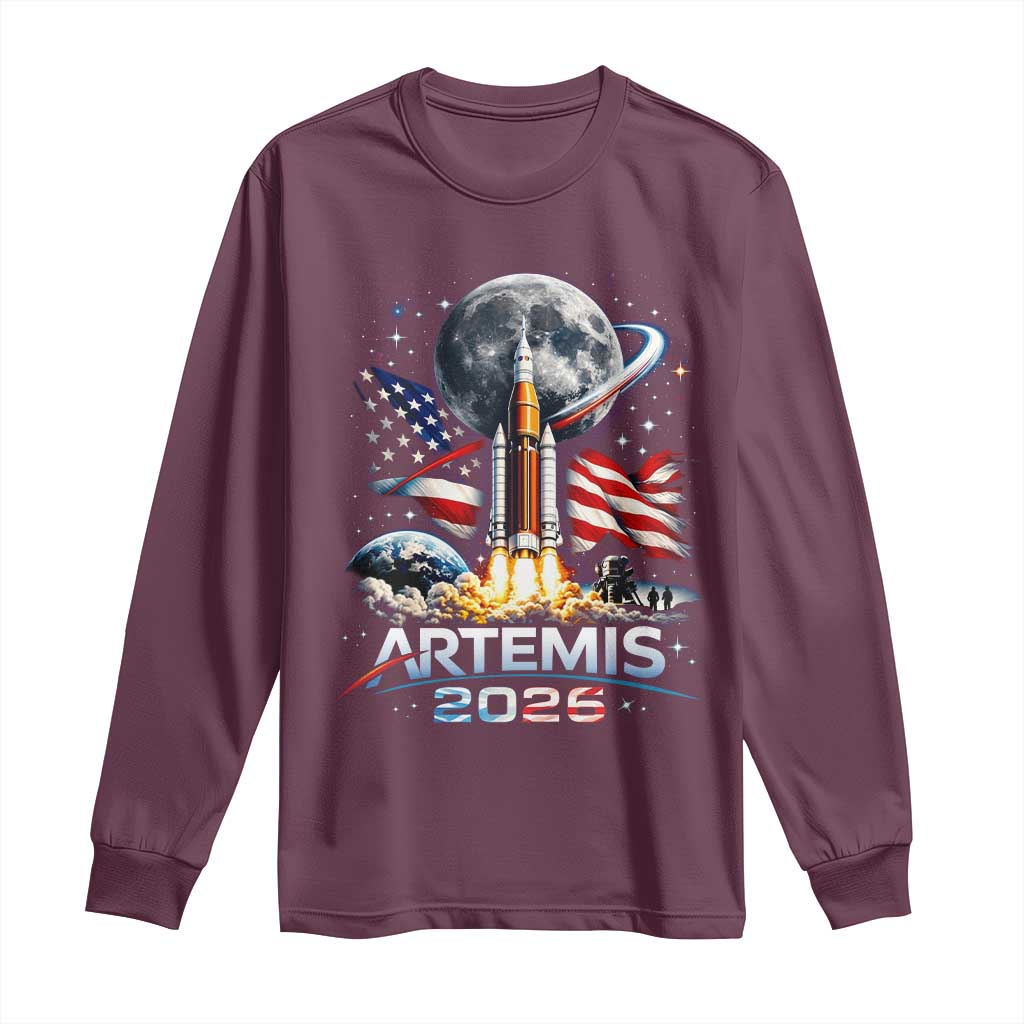 Patriotic 2026 Lunar Orbit Mission Rocket Launch Long Sleeve Shirt American Flag n Moon Patriotic Space Astronomy Enthusiasts TS02