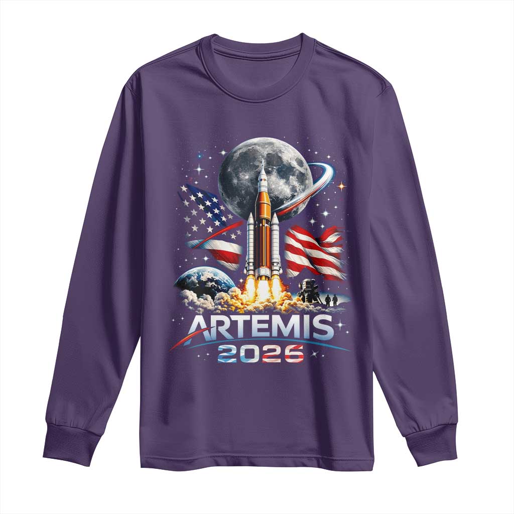 Patriotic 2026 Lunar Orbit Mission Rocket Launch Long Sleeve Shirt American Flag n Moon Patriotic Space Astronomy Enthusiasts TS02