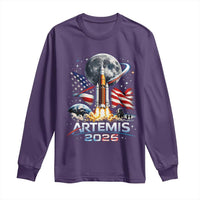 Patriotic 2026 Lunar Orbit Mission Rocket Launch Long Sleeve Shirt American Flag n Moon Patriotic Space Astronomy Enthusiasts TS02