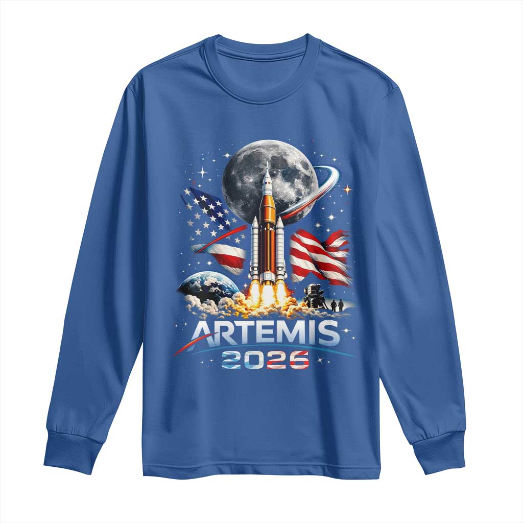Patriotic 2026 Lunar Orbit Mission Rocket Launch Long Sleeve Shirt American Flag n Moon Patriotic Space Astronomy Enthusiasts TS02