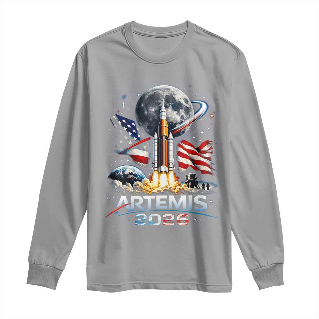 Patriotic 2026 Lunar Orbit Mission Rocket Launch Long Sleeve Shirt American Flag n Moon Patriotic Space Astronomy Enthusiasts TS02