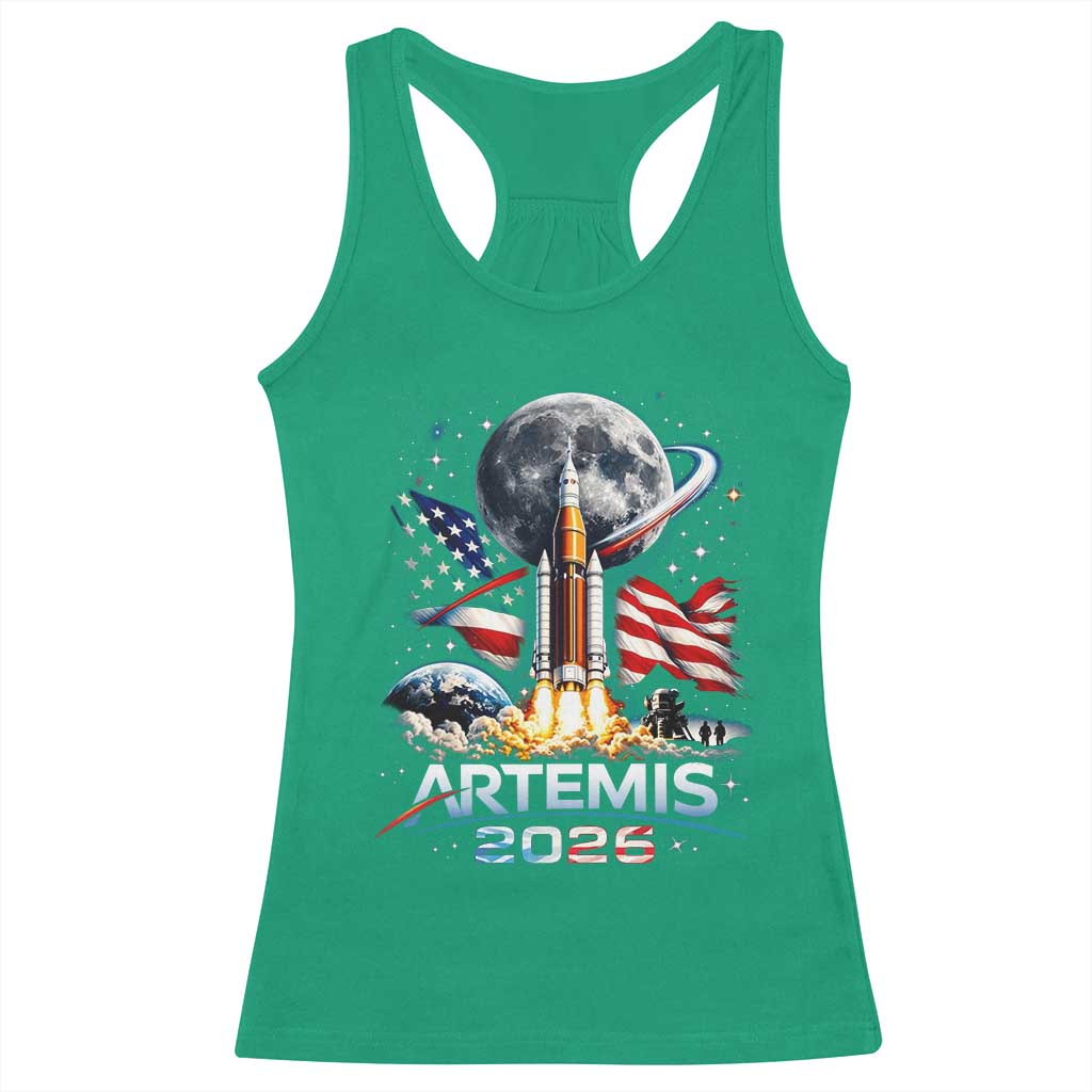 Patriotic 2026 Lunar Orbit Mission Rocket Launch Racerback Tank Top American Flag n Moon Patriotic Space Astronomy Enthusiasts TS02