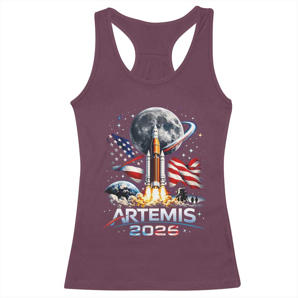 Patriotic 2026 Lunar Orbit Mission Rocket Launch Racerback Tank Top American Flag n Moon Patriotic Space Astronomy Enthusiasts TS02