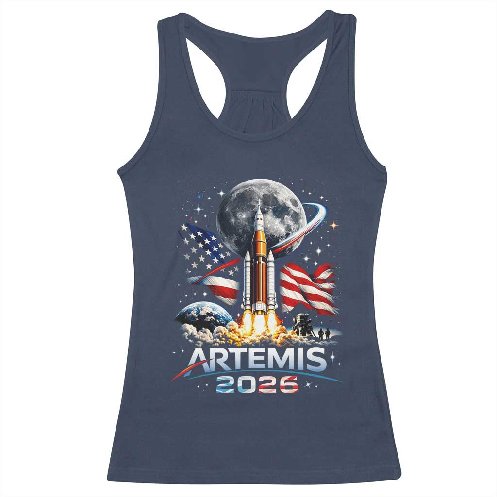 Patriotic 2026 Lunar Orbit Mission Rocket Launch Racerback Tank Top American Flag n Moon Patriotic Space Astronomy Enthusiasts TS02