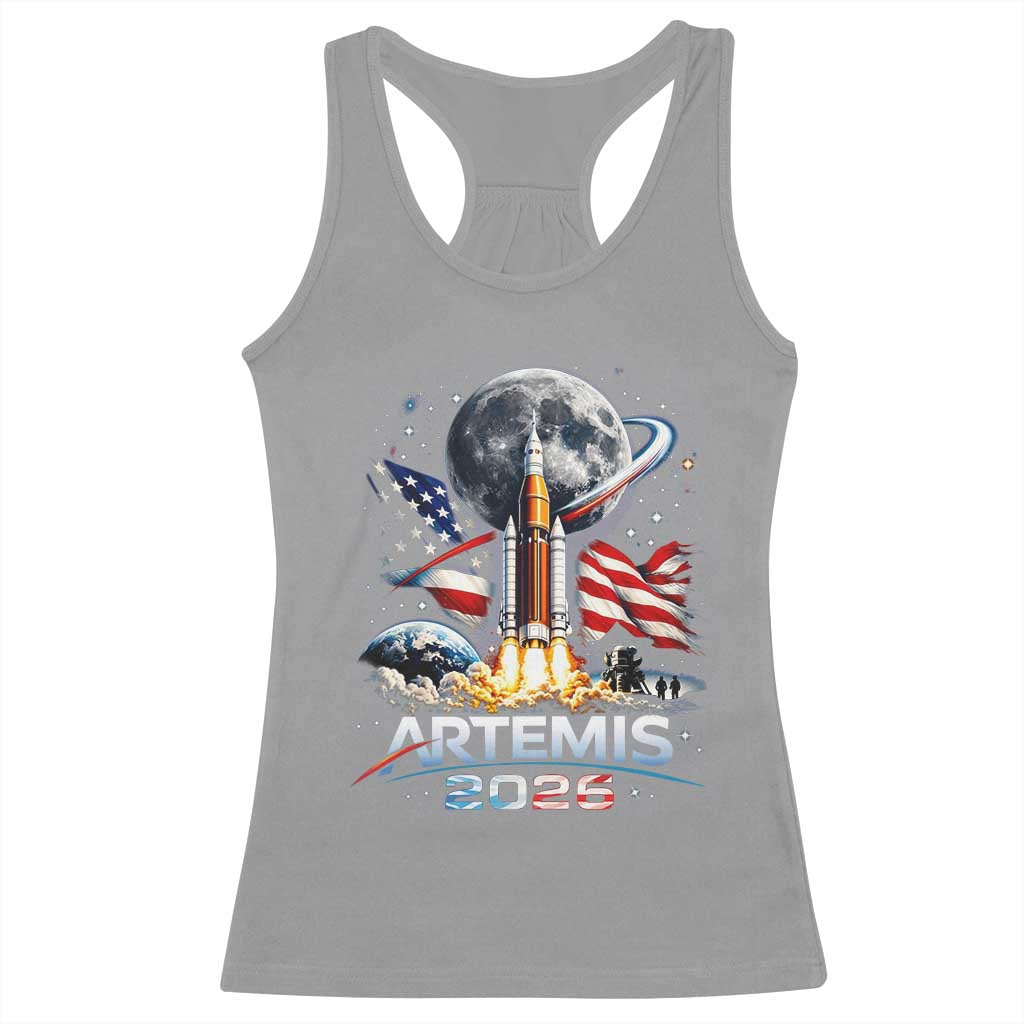 Patriotic 2026 Lunar Orbit Mission Rocket Launch Racerback Tank Top American Flag n Moon Patriotic Space Astronomy Enthusiasts TS02