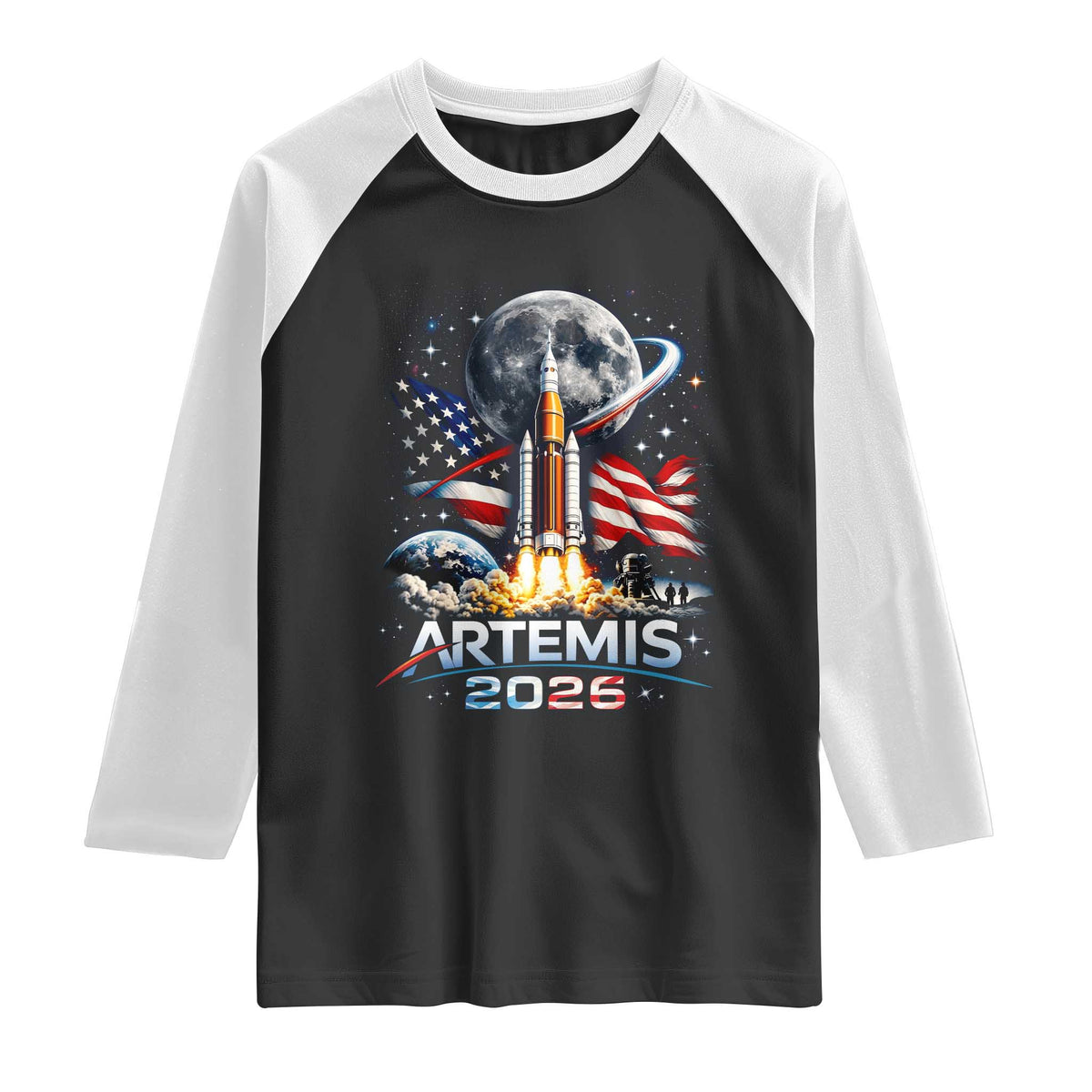 Patriotic 2026 Lunar Orbit Mission Rocket Launch Raglan Shirt American Flag n Moon Patriotic Space Astronomy Enthusiasts TS02