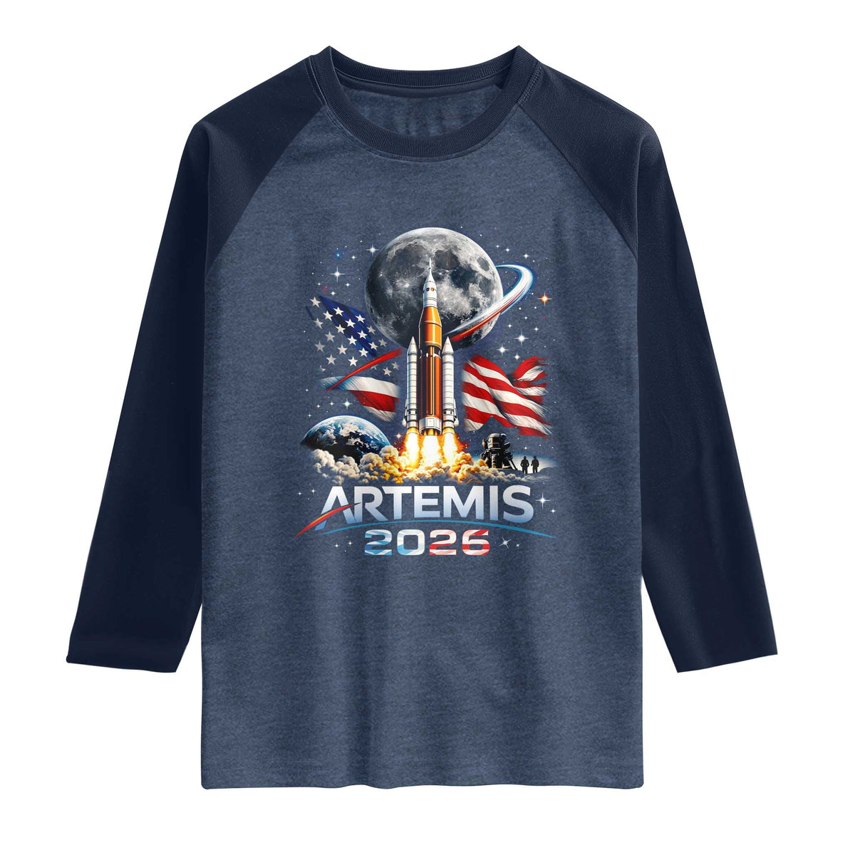 Patriotic 2026 Lunar Orbit Mission Rocket Launch Raglan Shirt American Flag n Moon Patriotic Space Astronomy Enthusiasts TS02