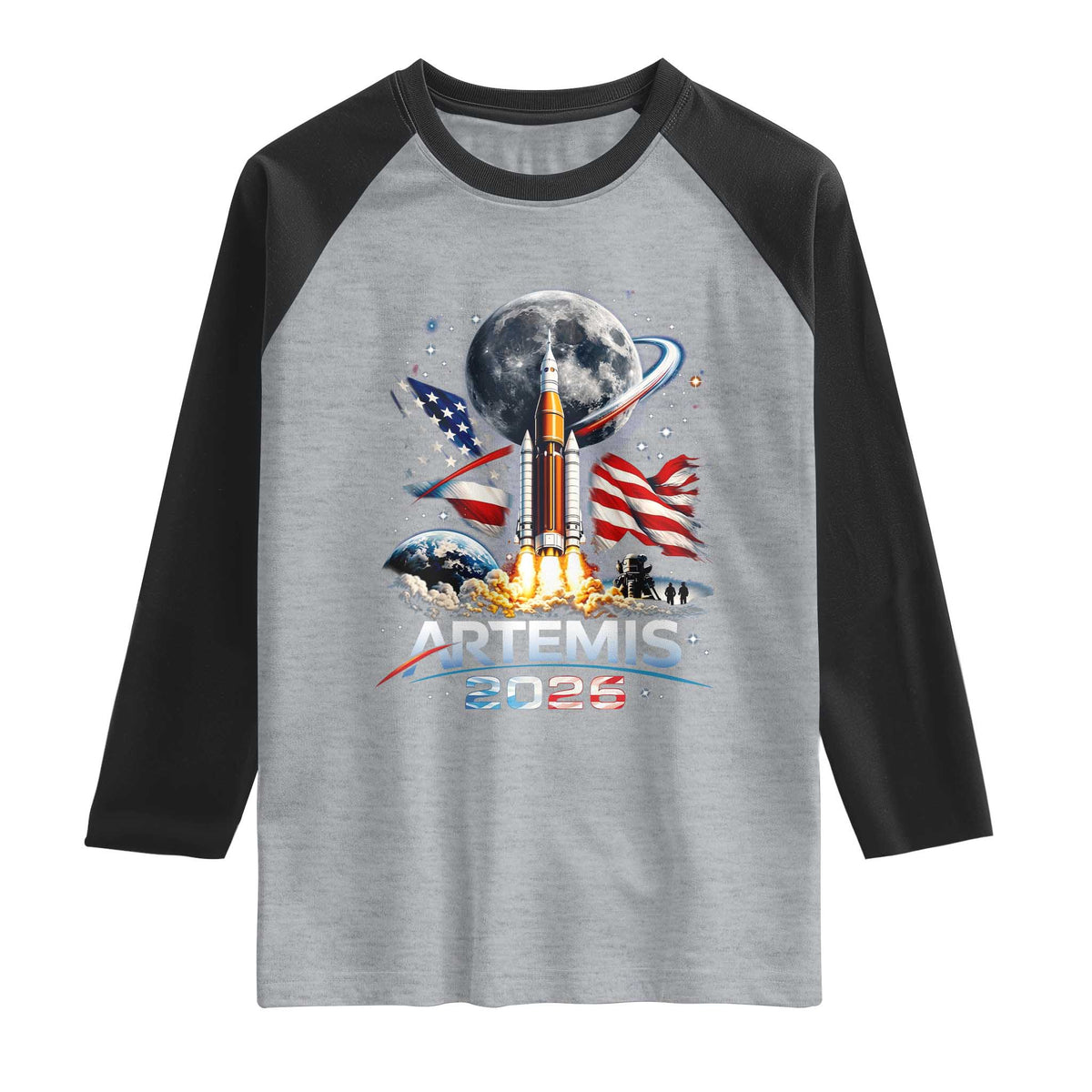 Patriotic 2026 Lunar Orbit Mission Rocket Launch Raglan Shirt American Flag n Moon Patriotic Space Astronomy Enthusiasts TS02