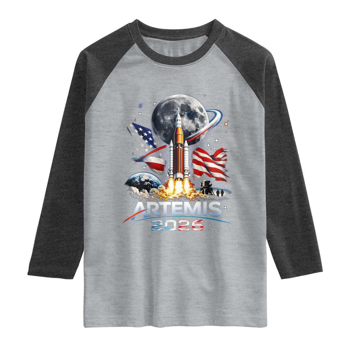 Patriotic 2026 Lunar Orbit Mission Rocket Launch Raglan Shirt American Flag n Moon Patriotic Space Astronomy Enthusiasts TS02