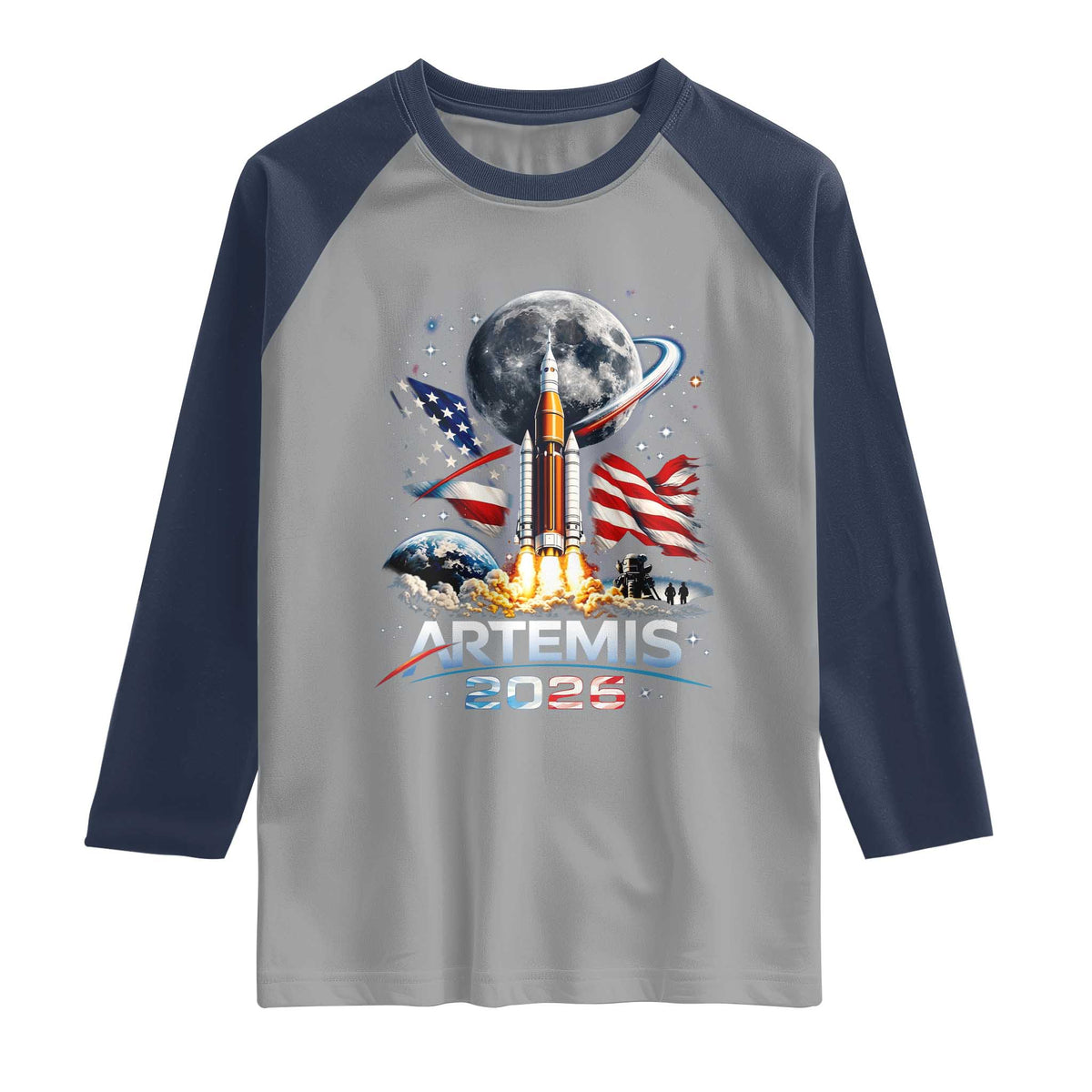 Patriotic 2026 Lunar Orbit Mission Rocket Launch Raglan Shirt American Flag n Moon Patriotic Space Astronomy Enthusiasts TS02