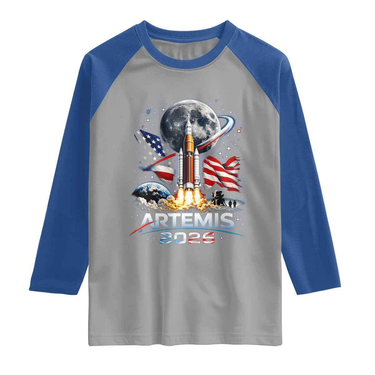 Patriotic 2026 Lunar Orbit Mission Rocket Launch Raglan Shirt American Flag n Moon Patriotic Space Astronomy Enthusiasts TS02