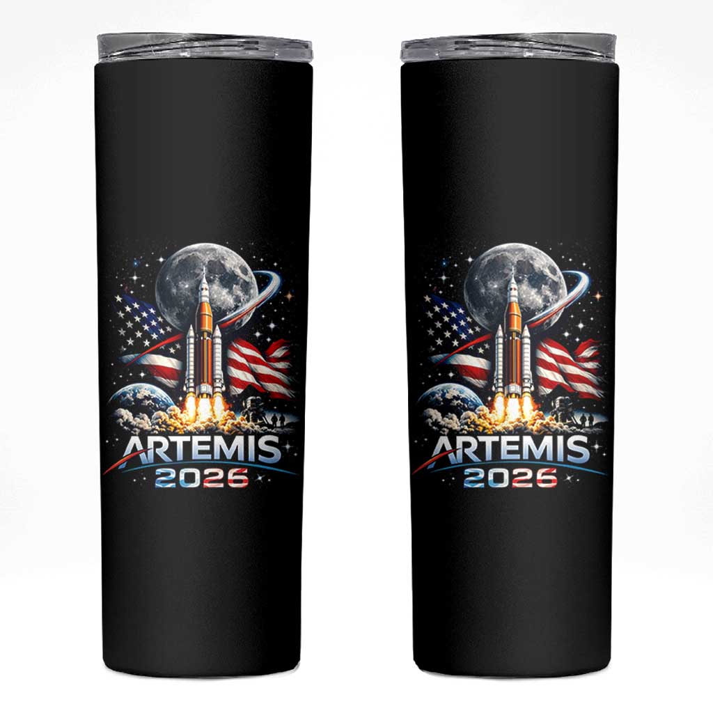 Patriotic 2026 Lunar Orbit Mission Rocket Launch Skinny Tumbler American Flag n Moon Patriotic Space Astronomy Enthusiasts