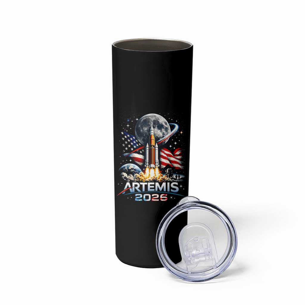 Patriotic 2026 Lunar Orbit Mission Rocket Launch Skinny Tumbler American Flag n Moon Patriotic Space Astronomy Enthusiasts