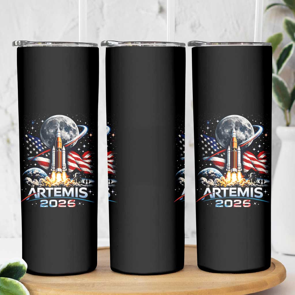 Patriotic 2026 Lunar Orbit Mission Rocket Launch Skinny Tumbler American Flag n Moon Patriotic Space Astronomy Enthusiasts