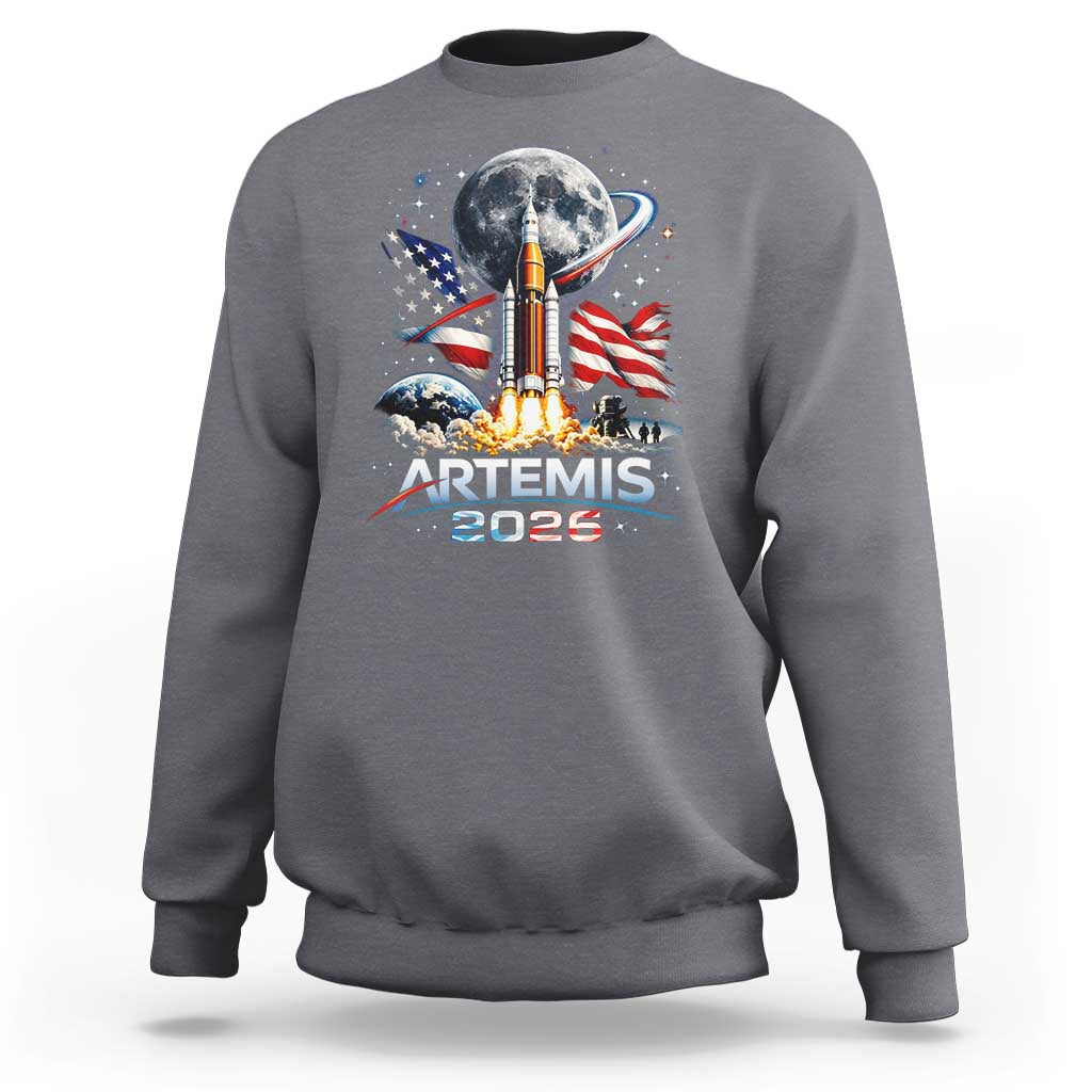 Patriotic 2026 Lunar Orbit Mission Rocket Launch Sweatshirt American Flag n Moon Patriotic Space Astronomy Enthusiasts TS02