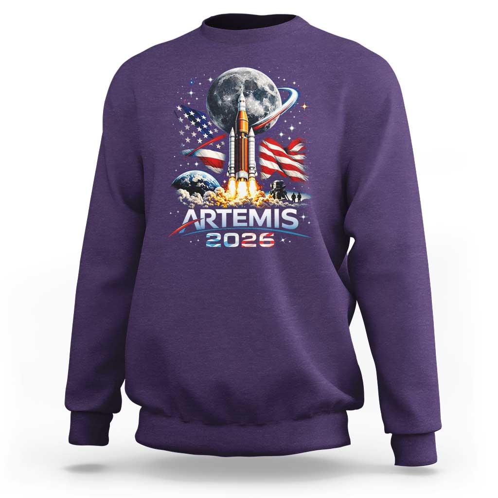 Patriotic 2026 Lunar Orbit Mission Rocket Launch Sweatshirt American Flag n Moon Patriotic Space Astronomy Enthusiasts TS02