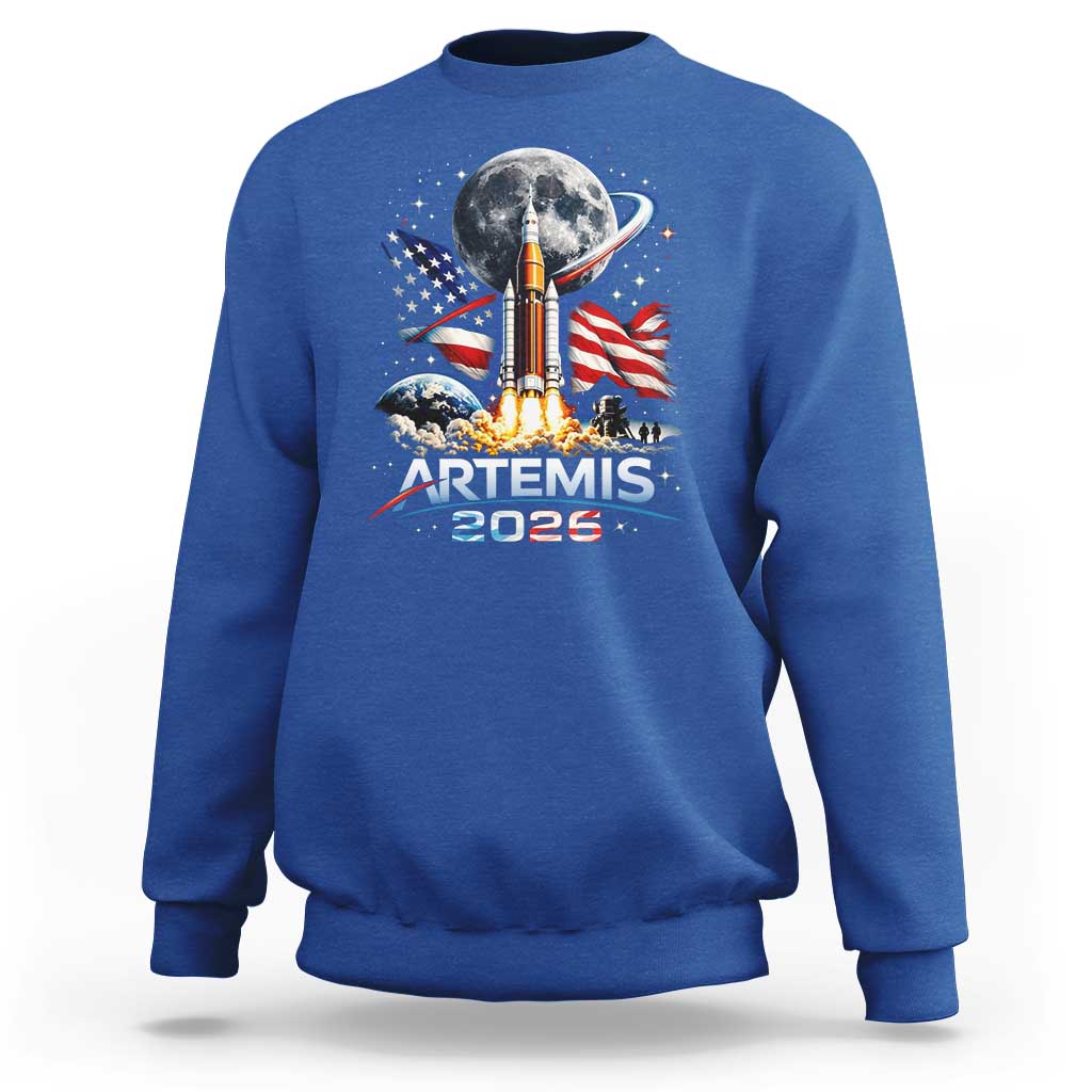 Patriotic 2026 Lunar Orbit Mission Rocket Launch Sweatshirt American Flag n Moon Patriotic Space Astronomy Enthusiasts TS02