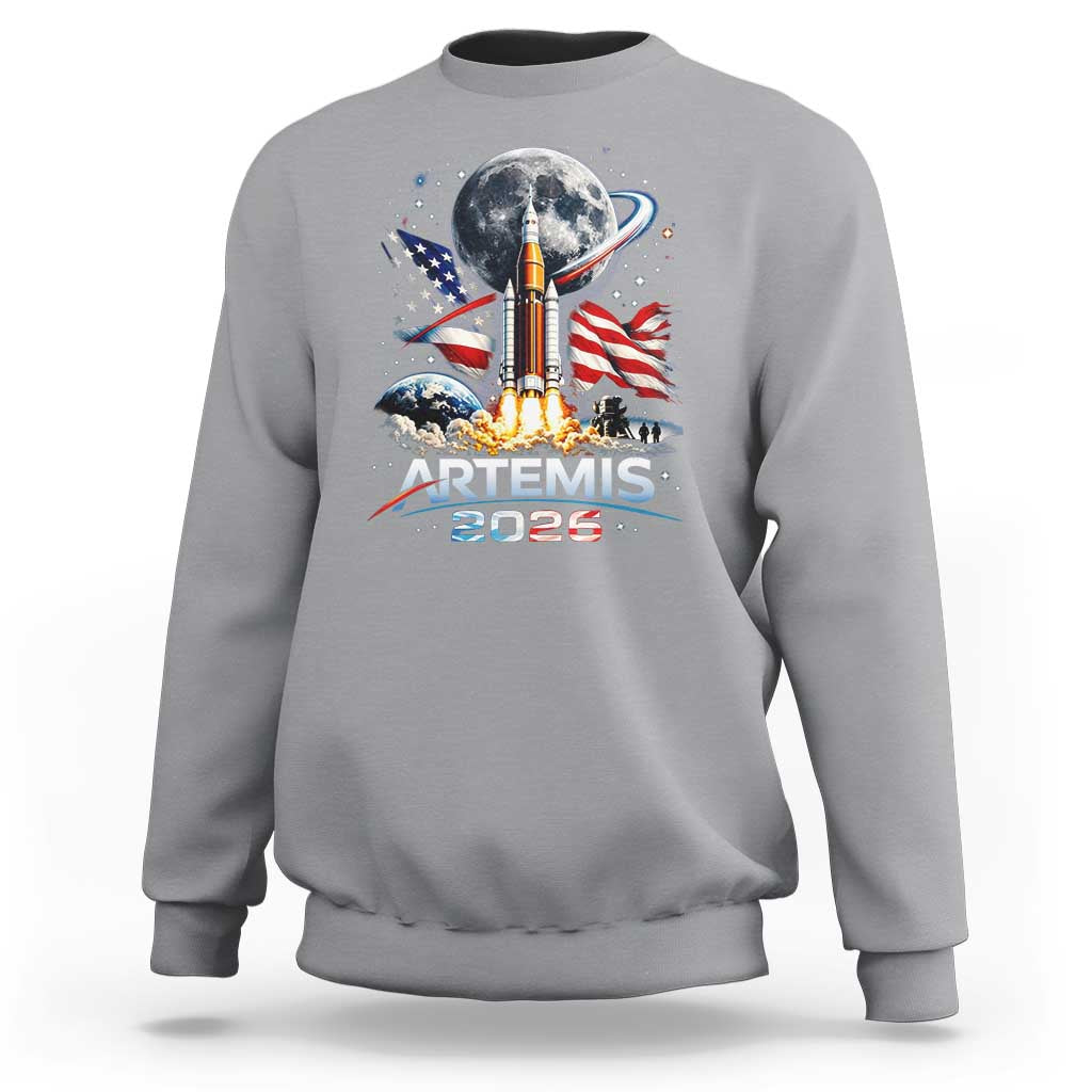 Patriotic 2026 Lunar Orbit Mission Rocket Launch Sweatshirt American Flag n Moon Patriotic Space Astronomy Enthusiasts TS02