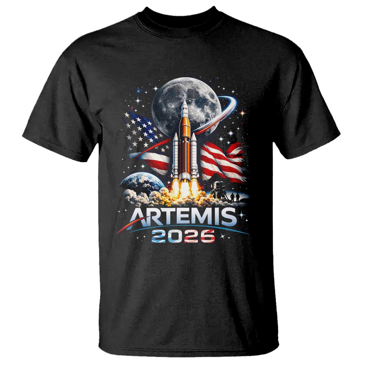 Patriotic 2026 Lunar Orbit Mission Rocket Launch T Shirt American Flag n Moon Patriotic Space Astronomy Enthusiasts TS02