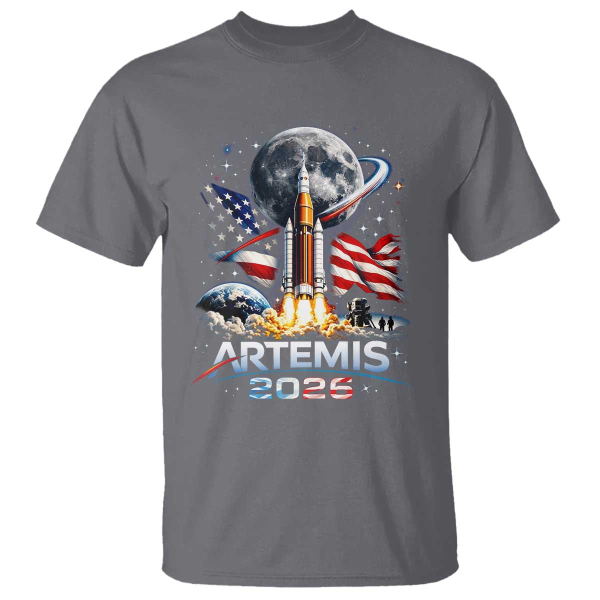 Patriotic 2026 Lunar Orbit Mission Rocket Launch T Shirt American Flag n Moon Patriotic Space Astronomy Enthusiasts TS02