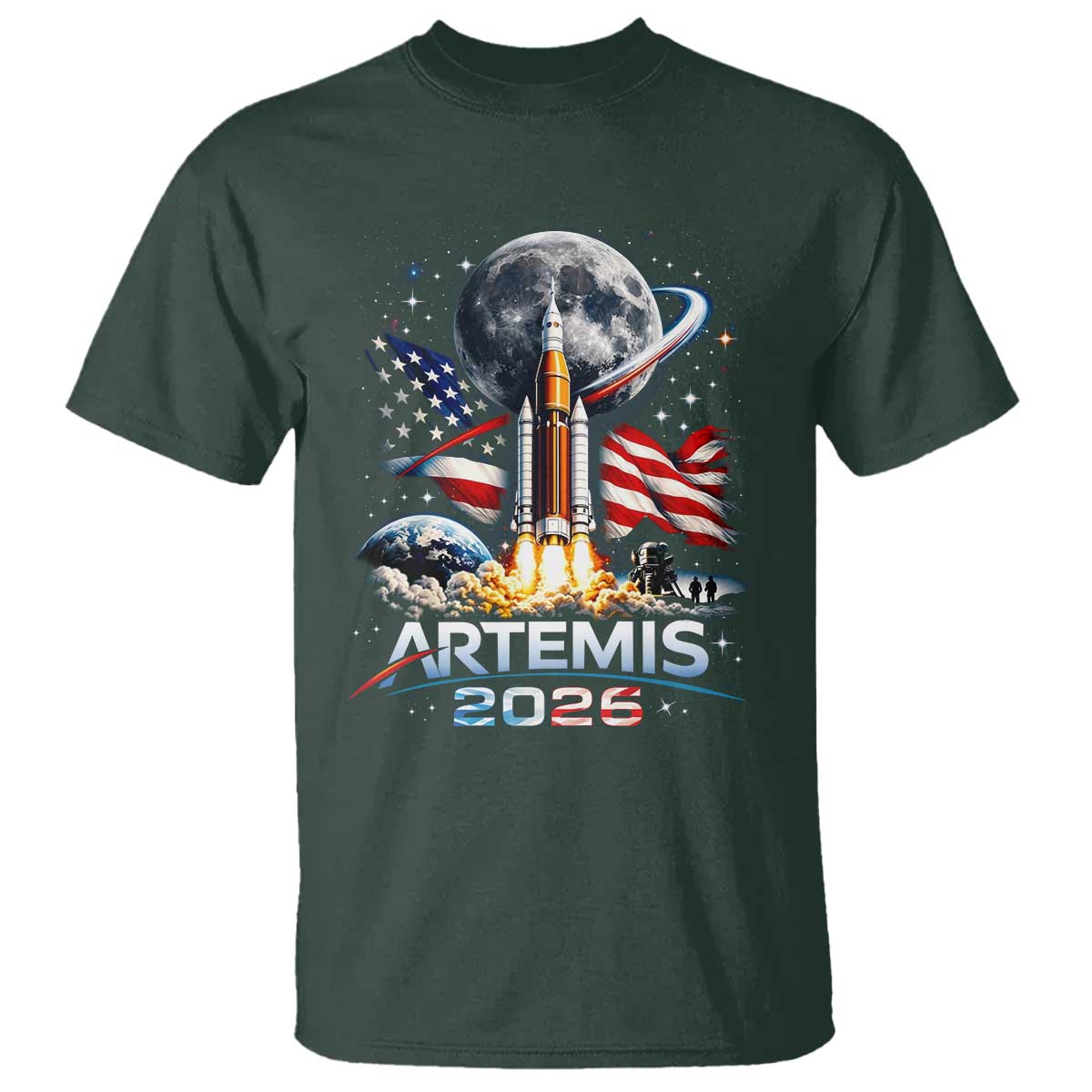 Patriotic 2026 Lunar Orbit Mission Rocket Launch T Shirt American Flag n Moon Patriotic Space Astronomy Enthusiasts TS02