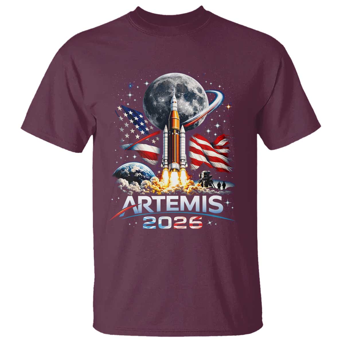Patriotic 2026 Lunar Orbit Mission Rocket Launch T Shirt American Flag n Moon Patriotic Space Astronomy Enthusiasts TS02