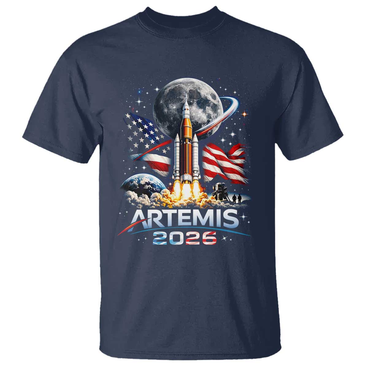 Patriotic 2026 Lunar Orbit Mission Rocket Launch T Shirt American Flag n Moon Patriotic Space Astronomy Enthusiasts TS02
